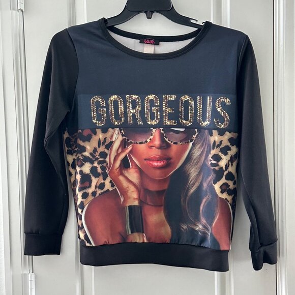 Gorgeous Leopard Print "Gorgeous" Graphic Sweatshirt By Blush Black & Multicolor - Picture 1 of 5